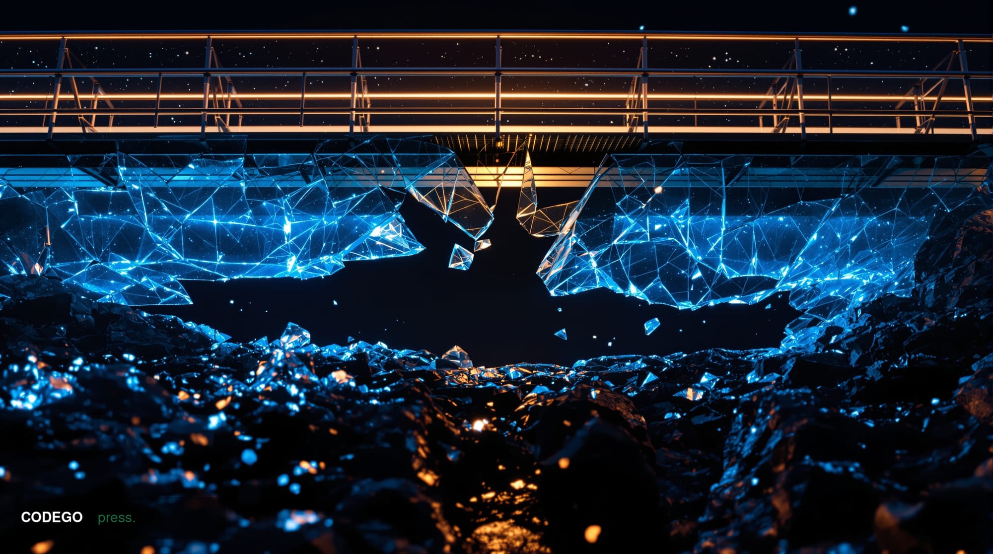A cinematic editorial photograph of a shattered glass bridge structure suspended over a dark chasm, representing a collapsed 