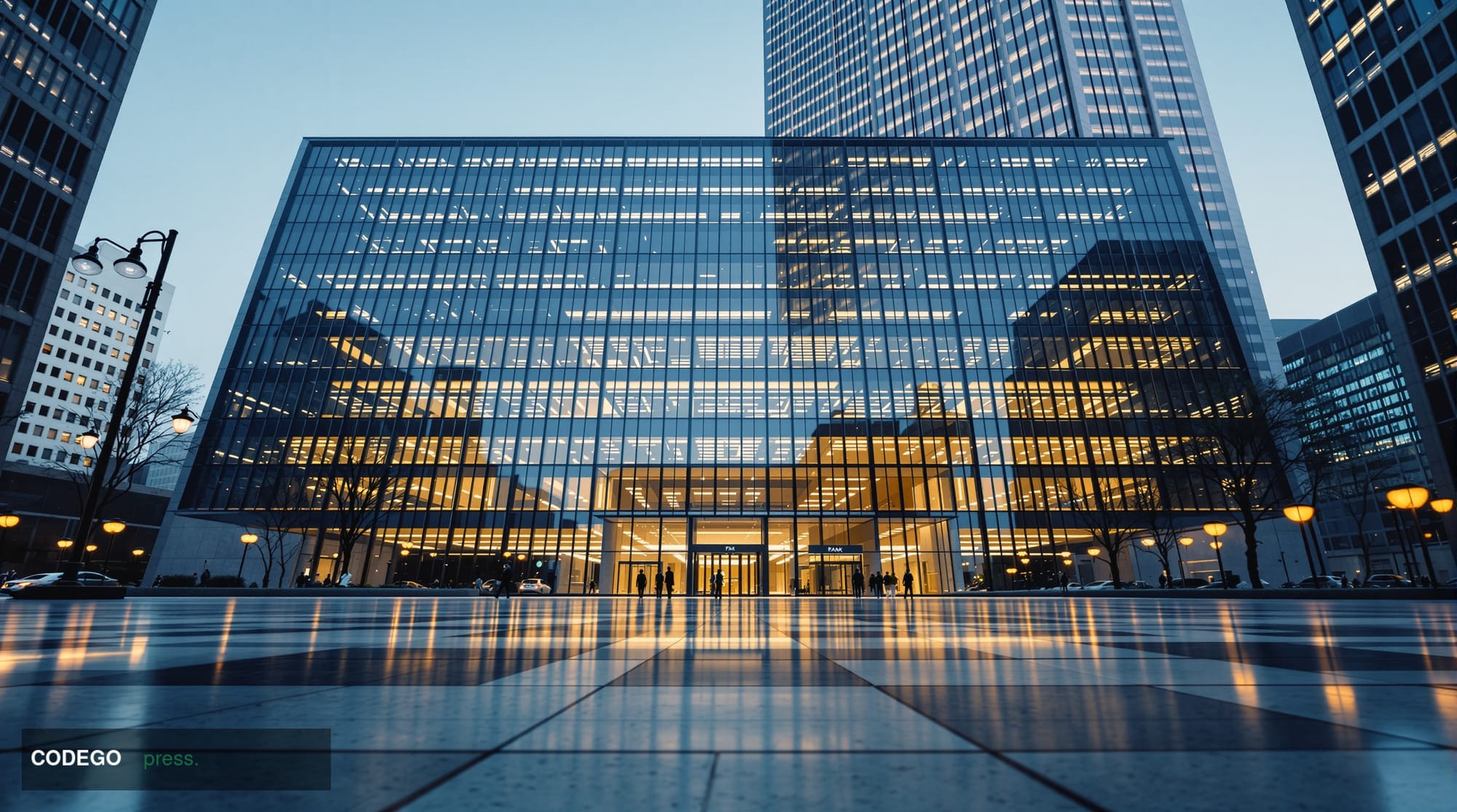 A photorealistic editorial photograph shot from a low angle looking up at the glass and steel facade of the Bank of Japan's T