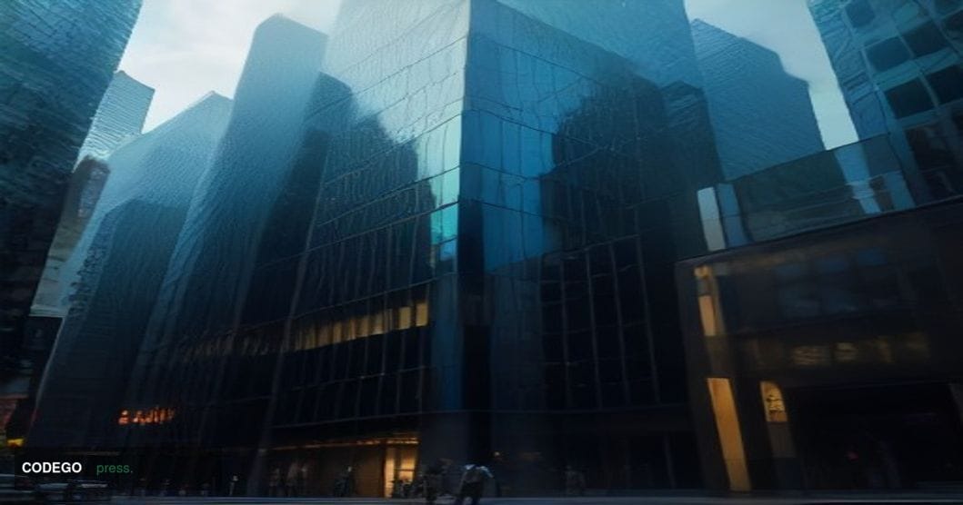 A dramatic cinematic editorial photograph shot at street level in Tokyo's financial district, Marunouchi, with the iconic gla