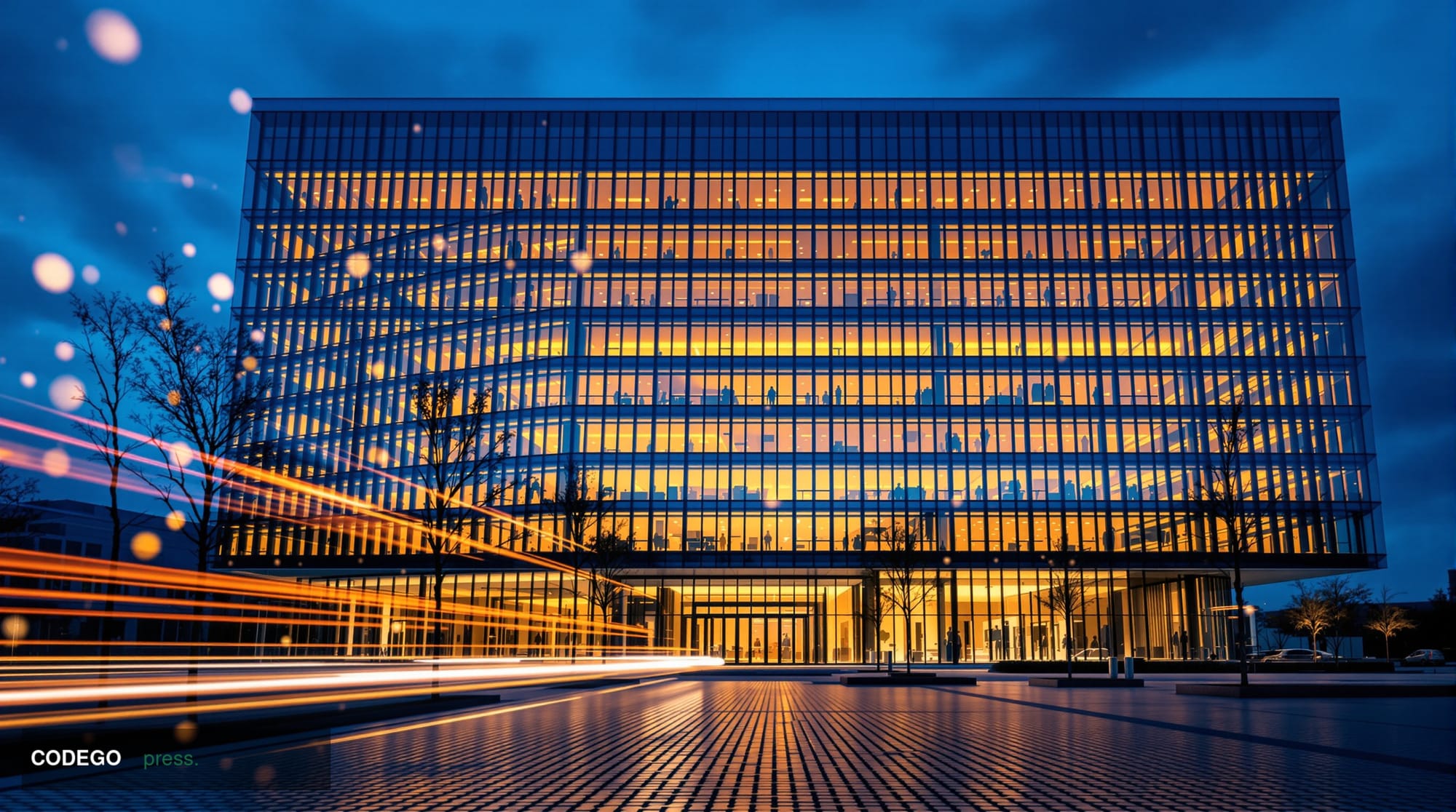 A cinematic editorial photograph of a sleek modern fintech headquarters building exterior at dusk, set in a Latin American ur