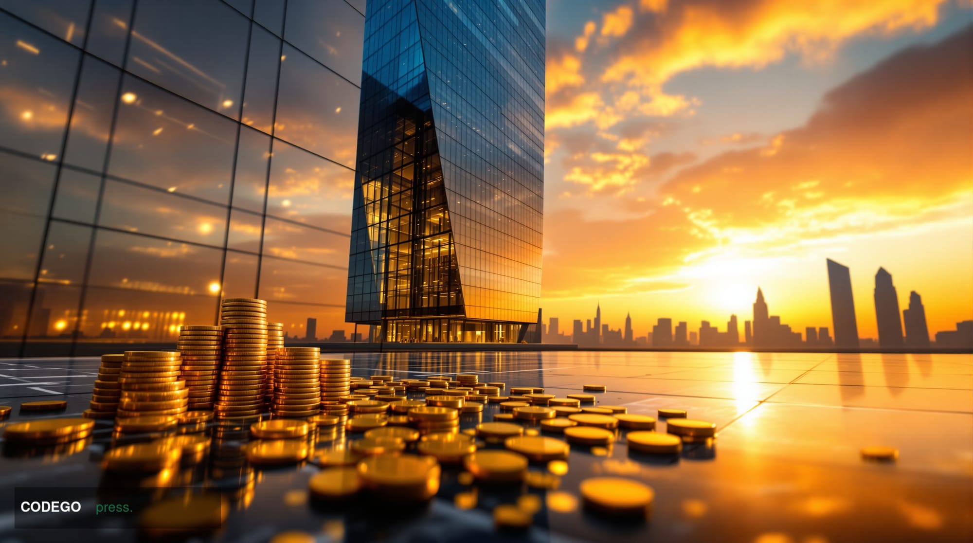 A cinematic editorial photograph shot at golden hour from a low wide-angle perspective, looking up at a sleek Latin American 