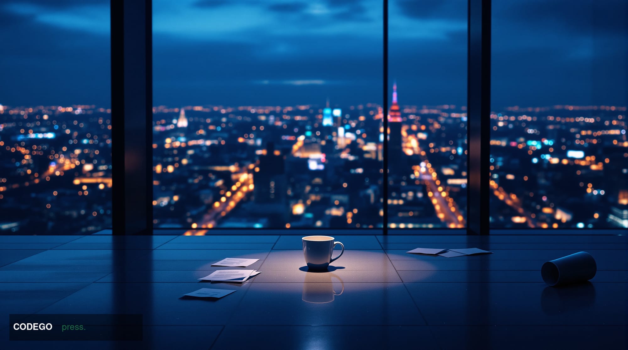 A dramatic cinematic editorial photograph depicting the interior of a modern financial trading floor at night, with empty erg