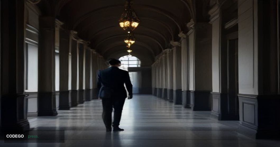 A cinematic editorial photograph set in a moody Warsaw courtroom corridor at dusk, with dramatic chiaroscuro lighting casting