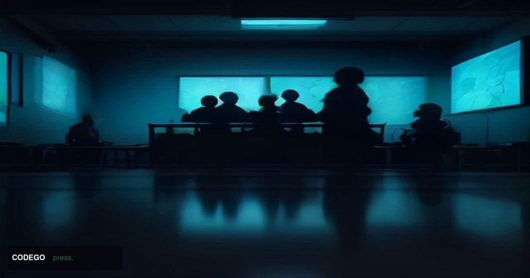 A dramatic cinematic editorial photograph set in a dimly lit federal investigation operations room, viewed from a low-angle p