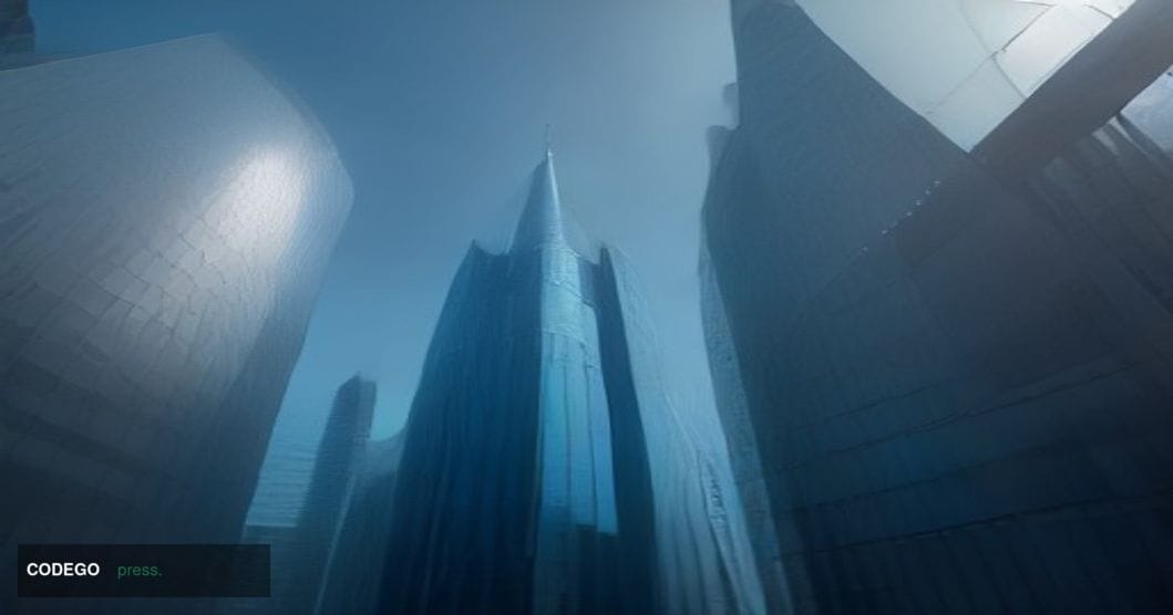 A cinematic editorial photograph shot from a low angle looking upward at a cluster of imposing glass-and-steel bank headquart