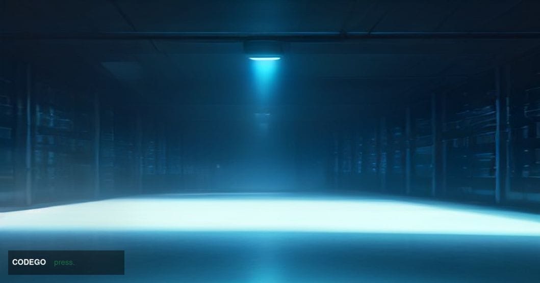 A photorealistic editorial photograph of a darkened server room bathed in cold electric-blue light, with a single foreground 