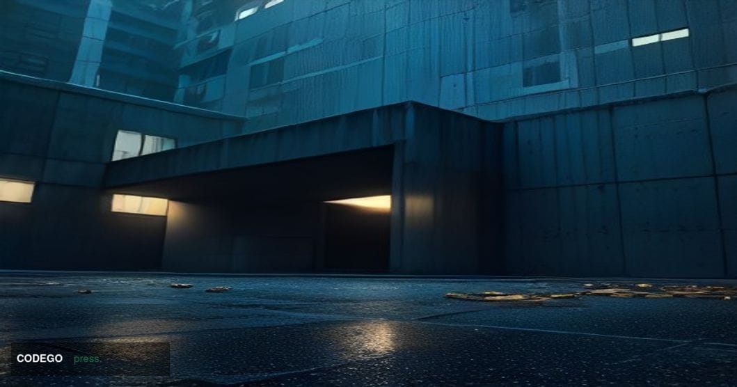 A dramatic cinematic editorial photograph shot from a low angle looking up at a cold, brutalist data center exterior at night
