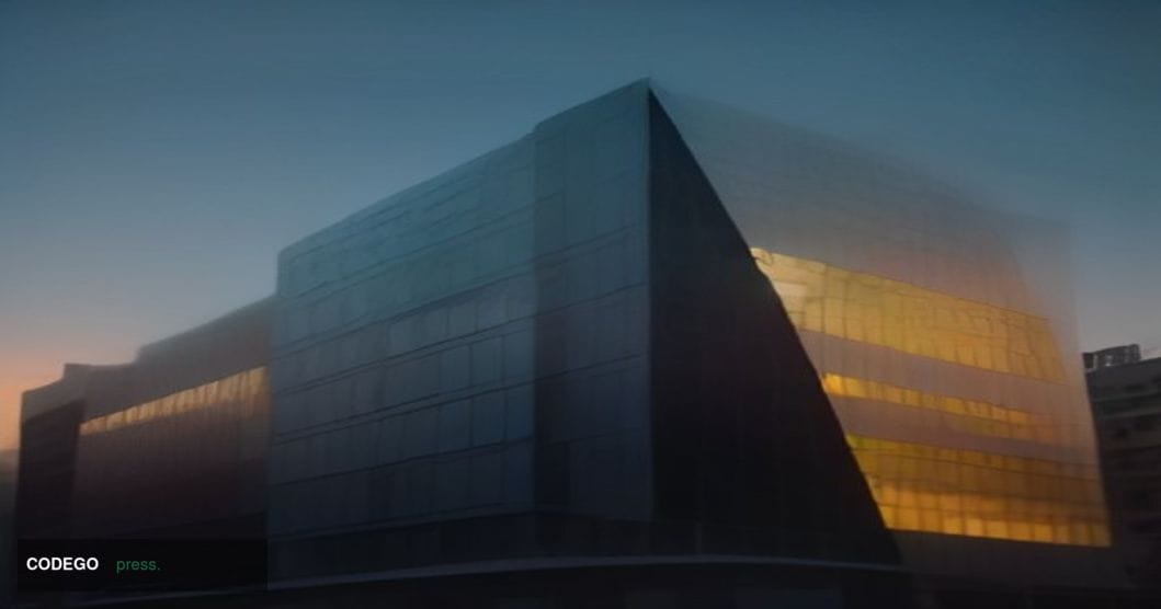 A dramatic cinematic editorial photograph taken from a low angle looking up at a sleek, modernist glass-and-steel financial t