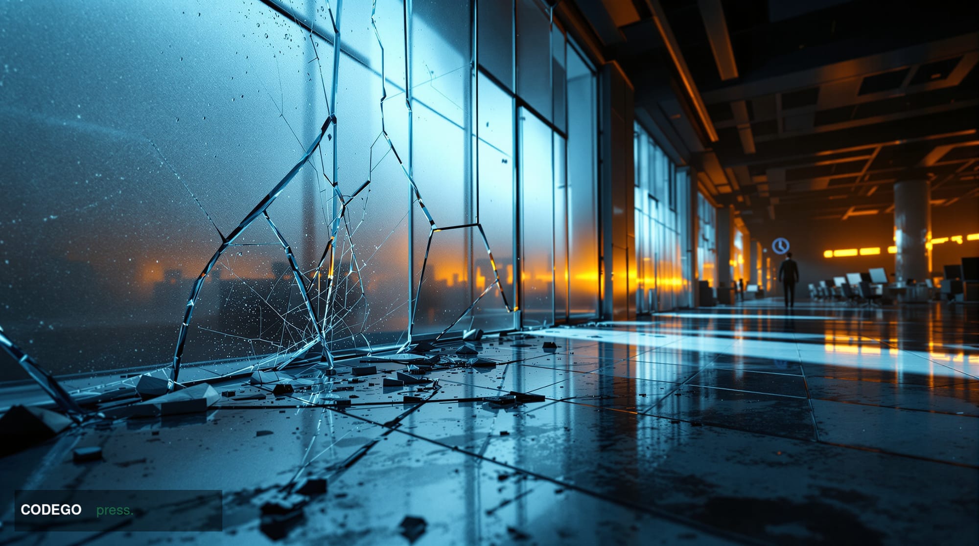 A dramatic cinematic editorial photograph depicting the interior of a decayed, abandoned financial trading floor at twilight,