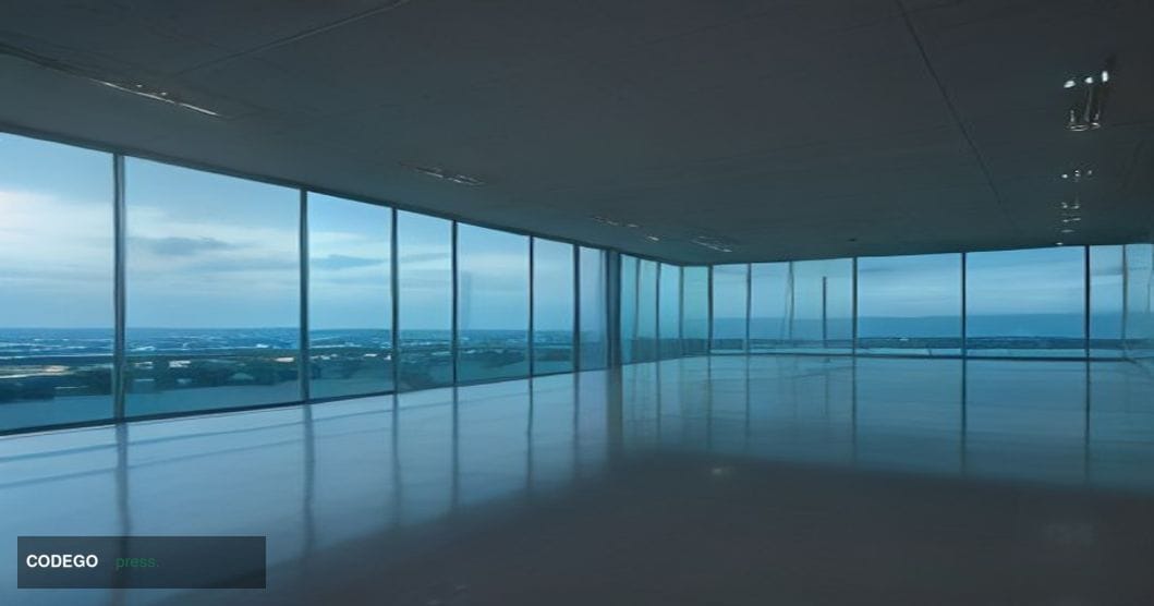 A wide-angle cinematic editorial photograph of a modern corporate glass-and-steel office campus set against an overcast Midwe