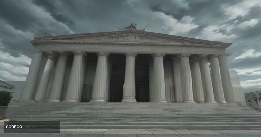 A cinematic editorial photograph shot at ground level looking up at a grand neoclassical government-style financial building 