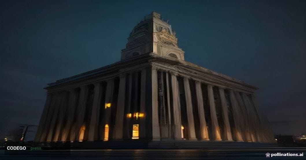 A dramatic cinematic editorial photograph of a towering European central bank building — a grand neoclassical stone facade wi