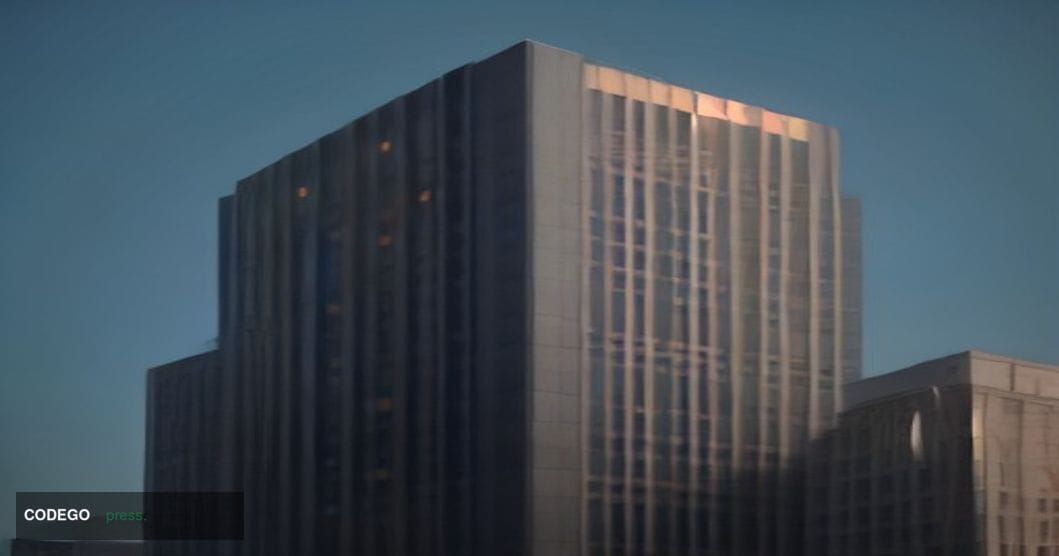 A dramatic cinematic editorial photograph shot at low angle looking upward at two monumental glass-and-steel government or fi