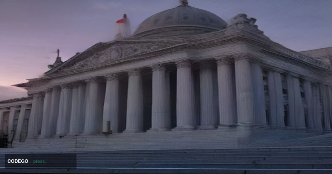 A dramatic photorealistic editorial photograph capturing the imposing neoclassical stone exterior of a federal courthouse in 