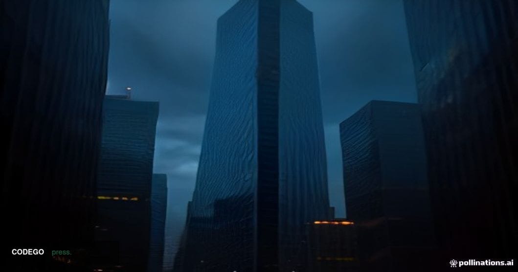 A sweeping cinematic editorial photograph of a modern East Asian financial district at twilight, with towering glass-and-stee