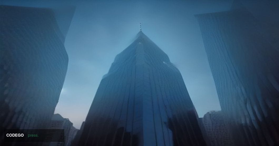 A dramatic cinematic editorial photograph shot at ground level looking upward at a sleek glass-and-steel financial district t