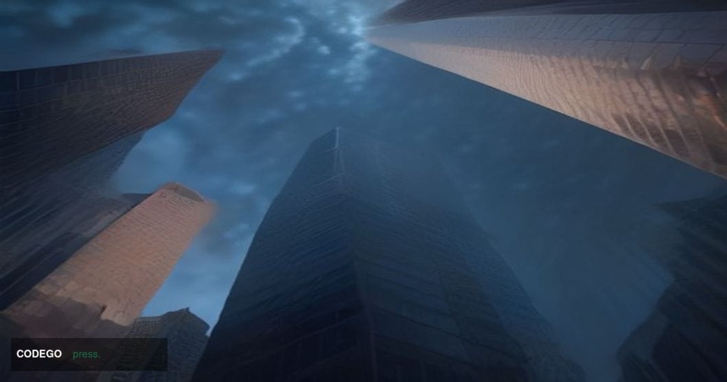 A wide-angle cinematic editorial photograph shot at ground level looking upward at a sleek modern glass-and-steel financial d