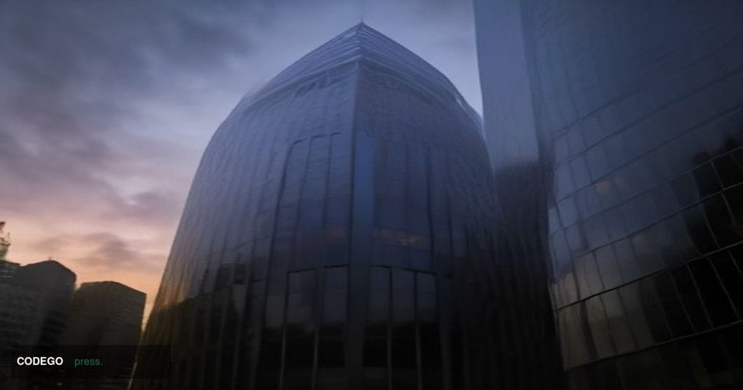 A cinematic editorial photograph shot at ground level looking upward at a gleaming modern glass-and-steel financial tower in 