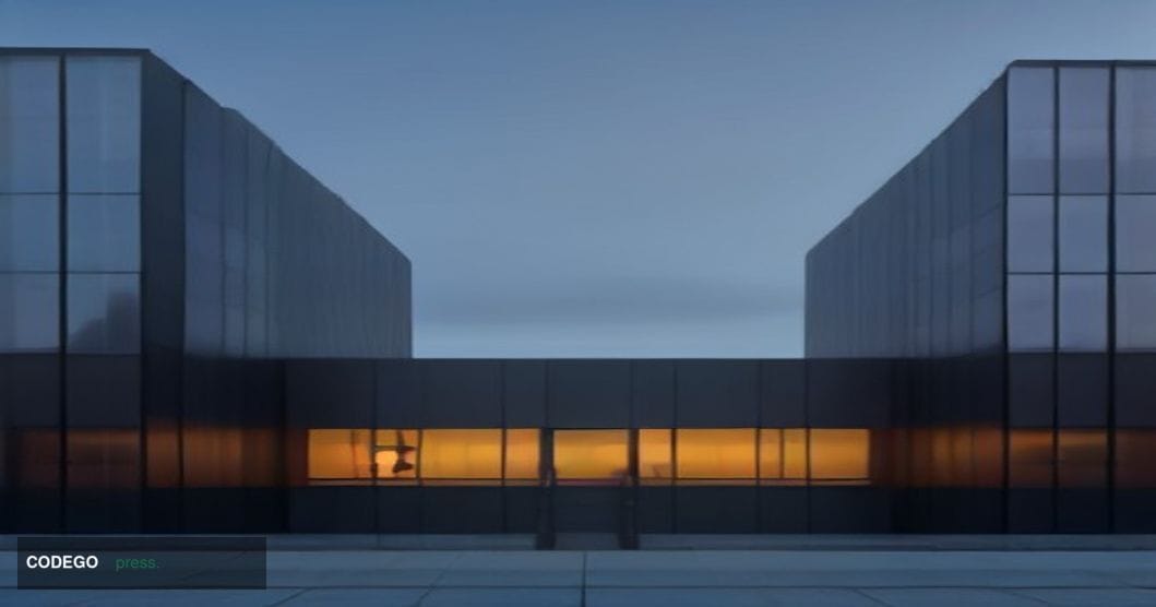 A sleek, modern artificial intelligence research campus at dusk, shot from a low wide-angle perspective, with expansive glass