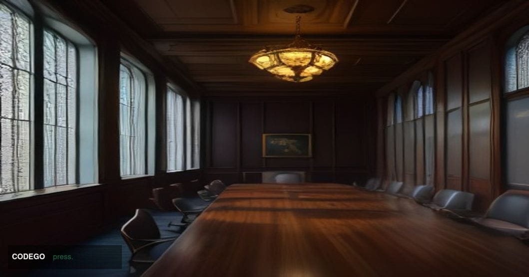 A cinematic editorial photograph set inside a sleek, glass-walled legislative chamber in Boston, Massachusetts, with the Mass