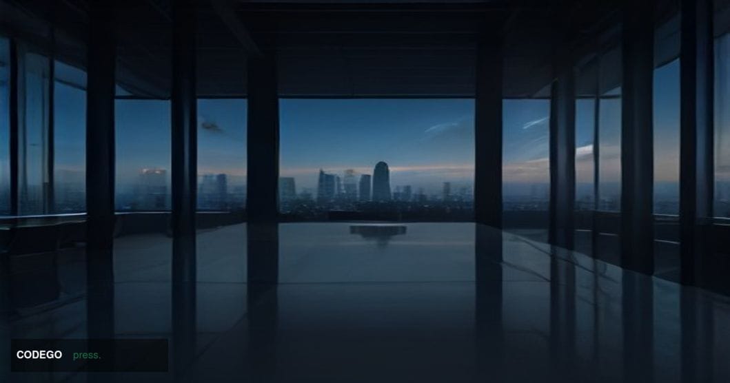 A dramatic cinematic editorial photograph set inside a sleek, modern cryptocurrency exchange headquarters — rendered as a vas