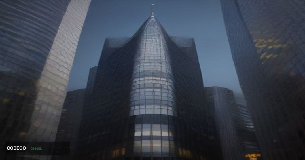 A cinematic editorial photograph of a glass-and-steel financial district office tower shot from a low angle at dusk, represen
