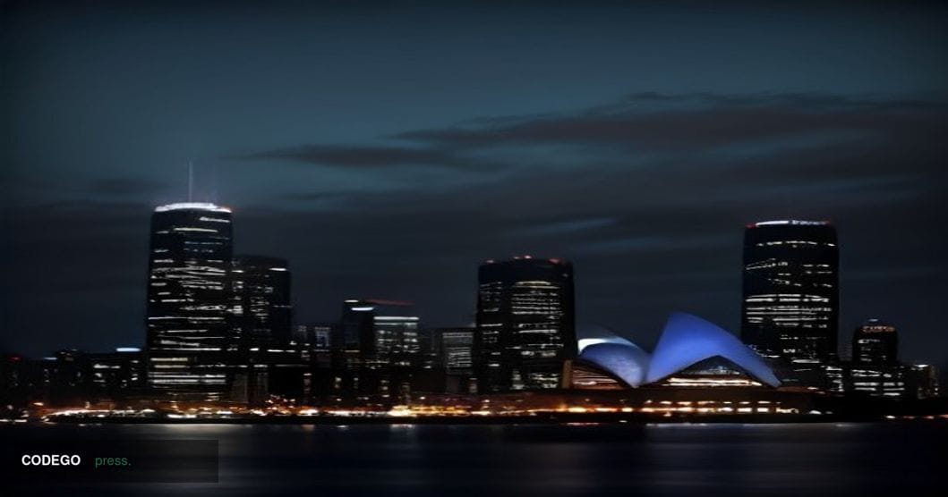 A photorealistic cinematic editorial photograph set in Sydney, Australia, with the iconic Harbour Bridge and Opera House silh