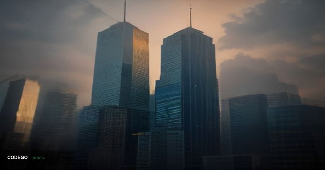 A dramatic cinematic aerial shot of Sydney's financial district skyline at dusk, viewed from a low angle looking upward towar