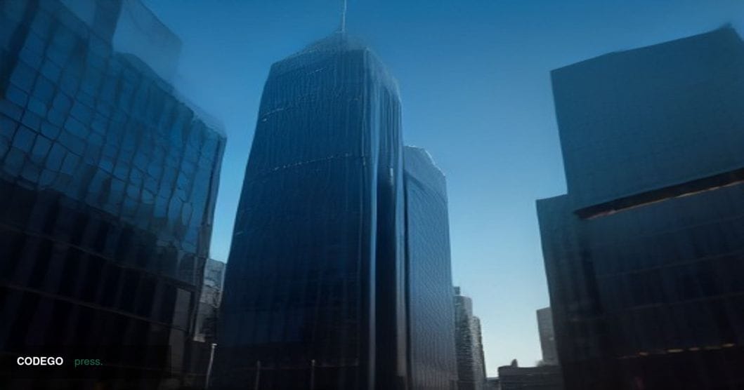 A wide-angle cinematic editorial photograph of the Australian financial district in Sydney, shot at dusk from a low angle loo