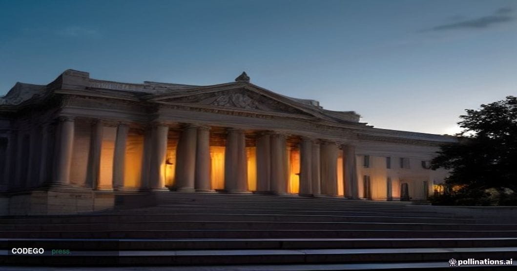 A cinematic editorial photograph of a grand neoclassical federal banking institution exterior at dusk in Washington D.C., sho