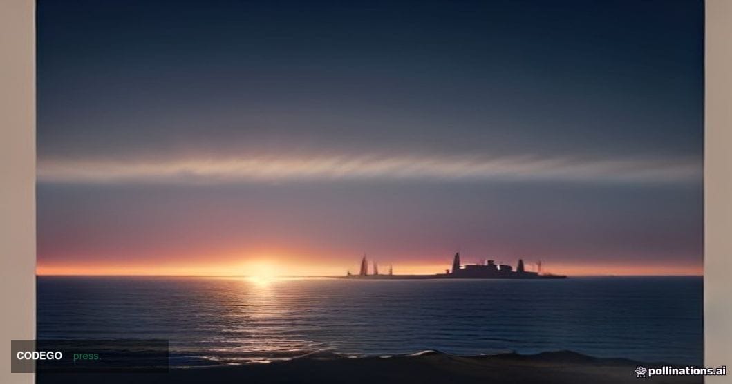 A cinematic editorial photograph shot at golden-hour dusk over the Arabian Gulf coastline, with the silhouette of massive sub