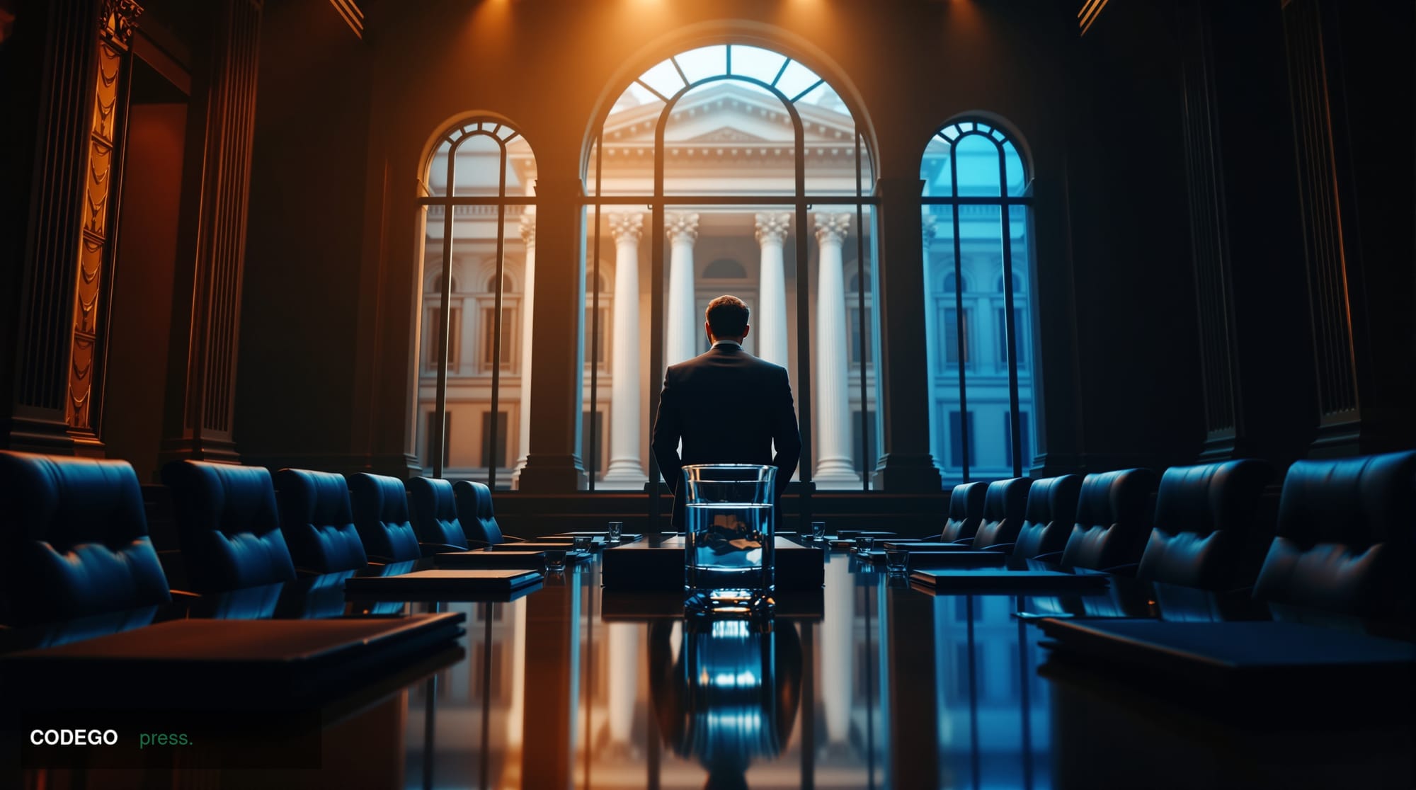 A photorealistic editorial photograph taken inside a grand, high-ceilinged central bank boardroom in London, bathed in dramat