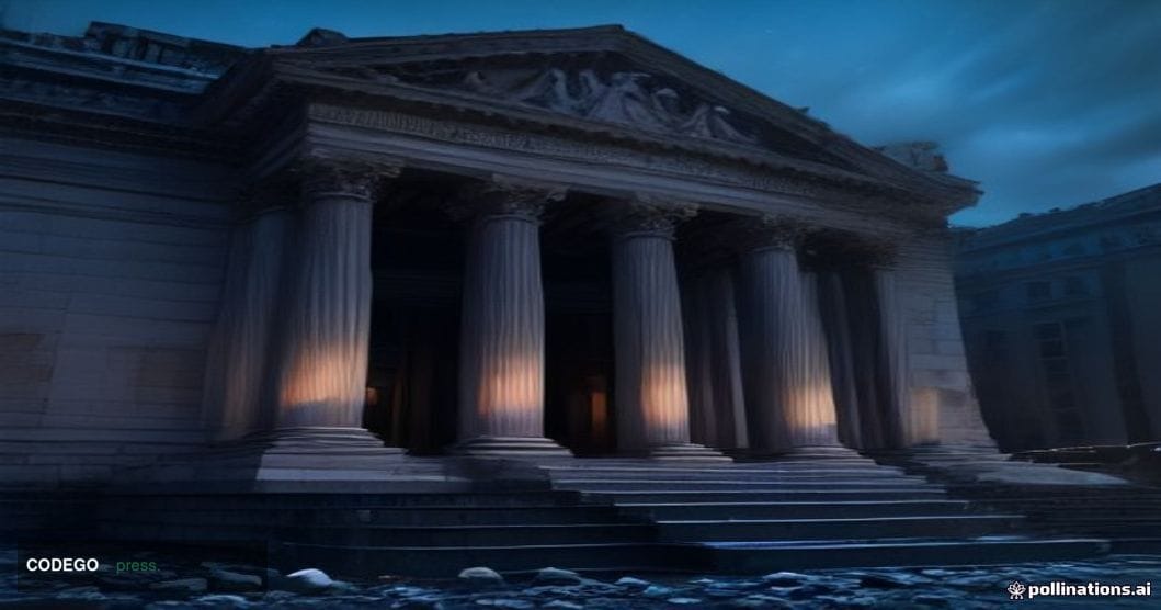 A dramatic cinematic wide-angle shot of a crumbling neoclassical financial building facade at twilight, its blank glass windo