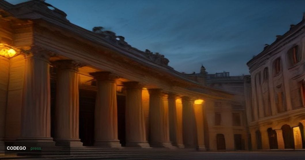A grand neoclassical Italian banking institution photographed at dusk from a low wide-angle perspective, its stone columns an