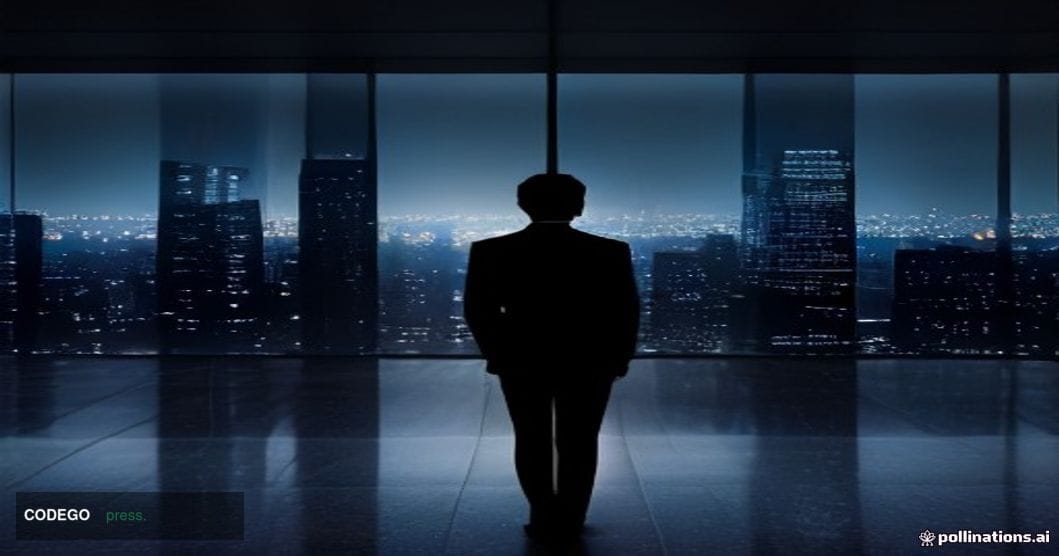 A cinematic editorial photograph of a solitary senior executive — male or female, suit-clad, seen from behind at medium dista