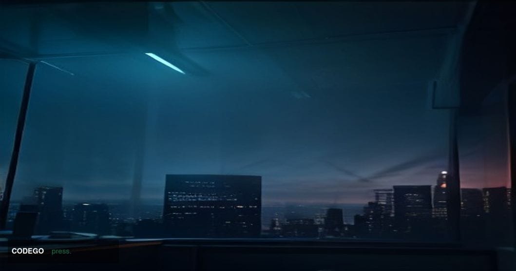 A vast, dramatically lit corporate banking operations floor photographed from a low angle looking upward toward floor-to-ceil