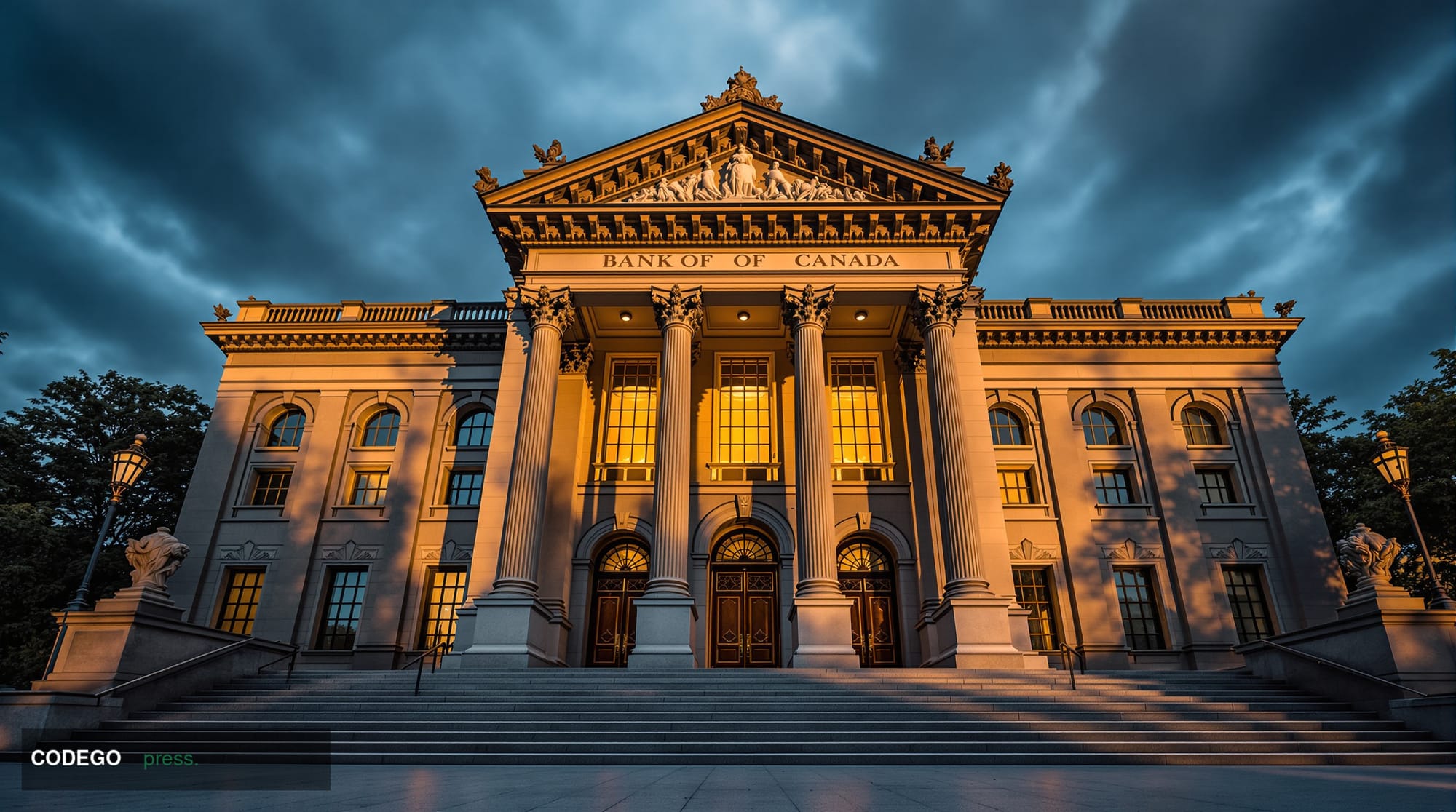 A cinematic editorial photograph of the exterior of the Bank of Canada's headquarters in Ottawa, Ontario, captured at golden 