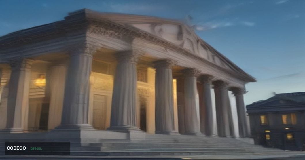 A photorealistic editorial photograph of the Bank of England's neoclassical Threadneedle Street headquarters in the City of L