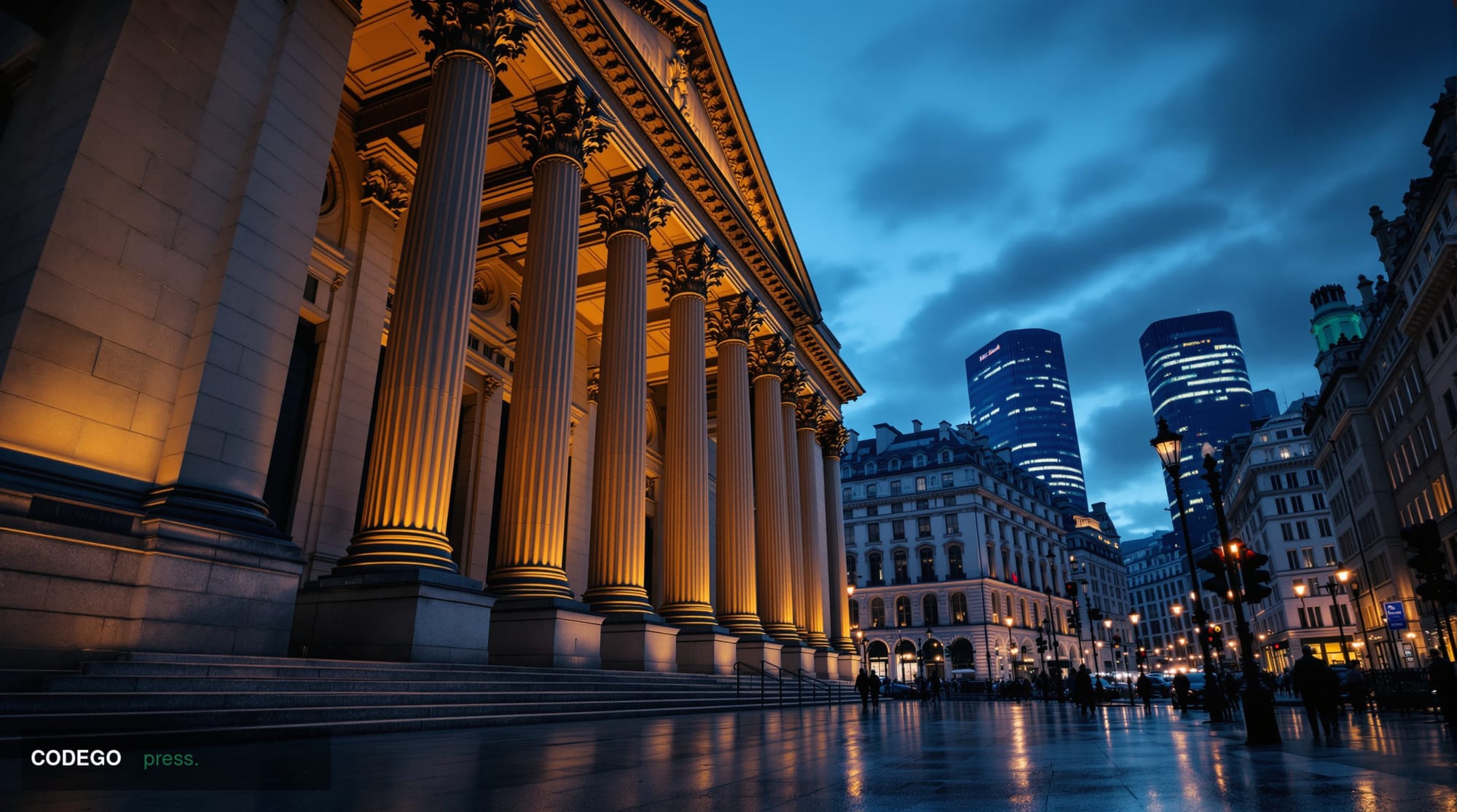 A photorealistic editorial photograph of the Bank of England's iconic neoclassical stone facade on Threadneedle Street in the