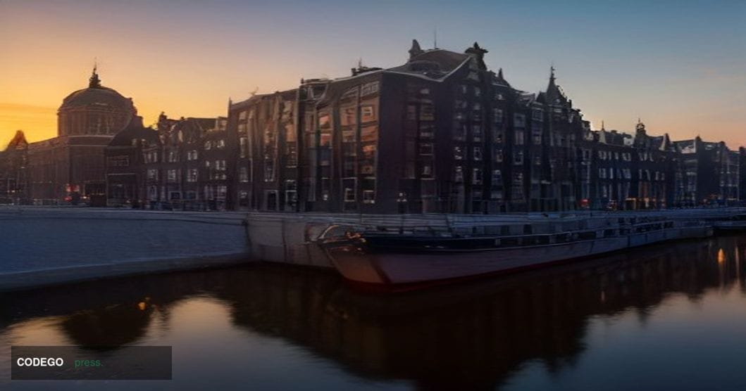 A sweeping cinematic editorial photograph of Amsterdam's historic financial district canal waterfront at dusk, with grand 17t