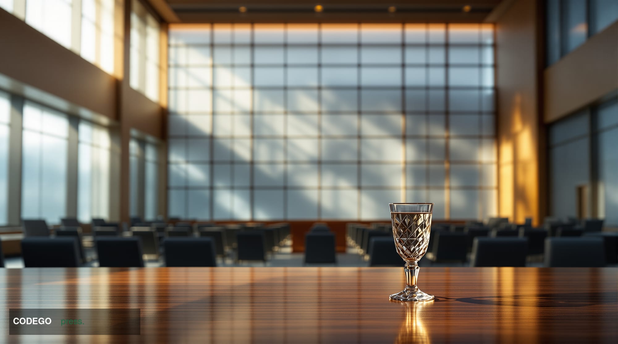 A photorealistic cinematic editorial photograph of a grand Japanese government meeting hall interior in Sapporo, Hokkaido, ca