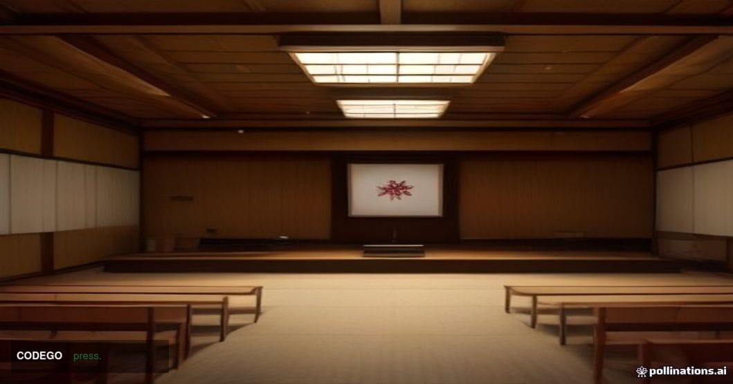 A cinematic editorial photograph of a formal Japanese government meeting hall in the Saitama prefecture region, shot from a l