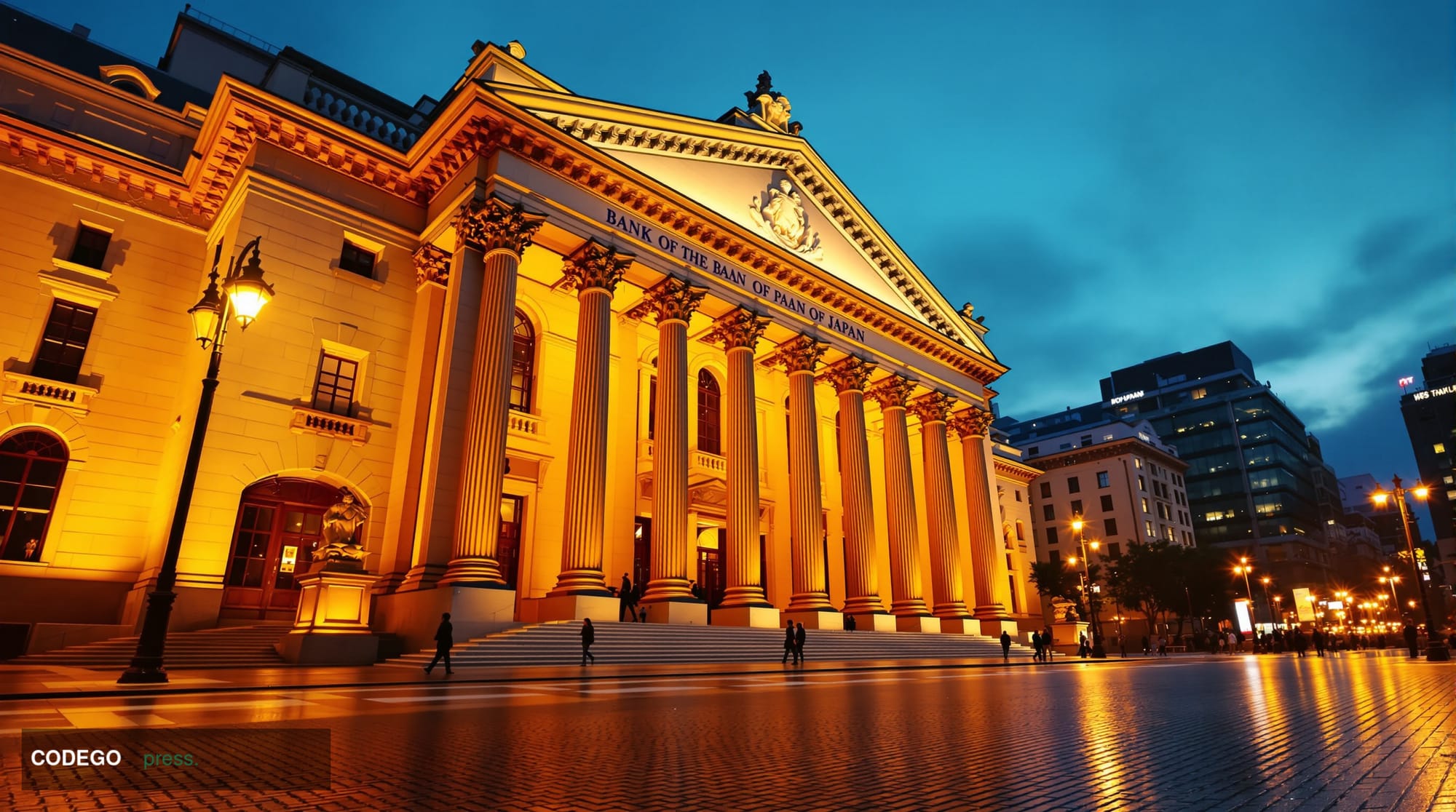 A cinematic editorial photograph of the Bank of Japan's iconic neoclassical stone headquarters in the Nihonbashi district of 
