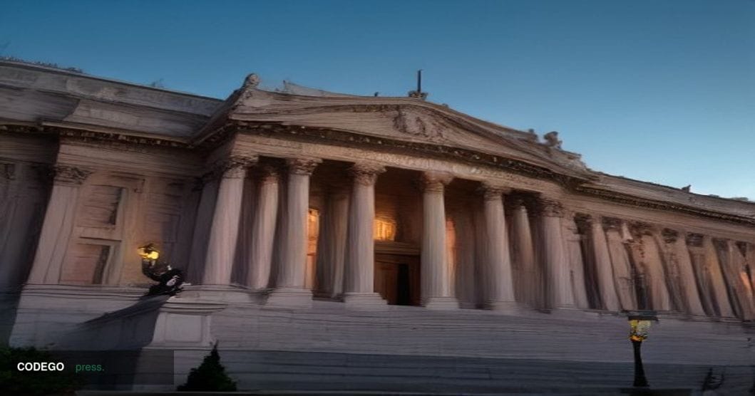 A wide-angle cinematic editorial photograph of the grand neoclassical exterior of the Bank of Spain's headquarters in Madrid,