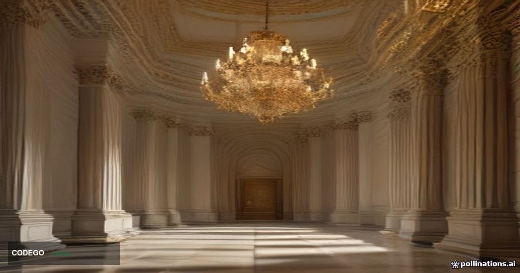 A cinematic editorial photograph set inside a grand neoclassical banking conference hall in Madrid, reminiscent of the Bank o