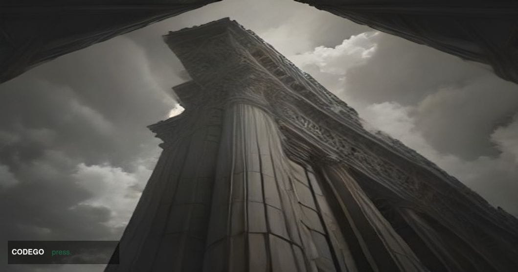 A cinematic editorial photograph shot from a low angle looking up at an imposing classical stone bank building facade — thick