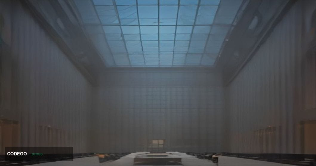 A wide-angle cinematic shot looking up through the glass atrium of a monumental European banking headquarters, shot at dusk w