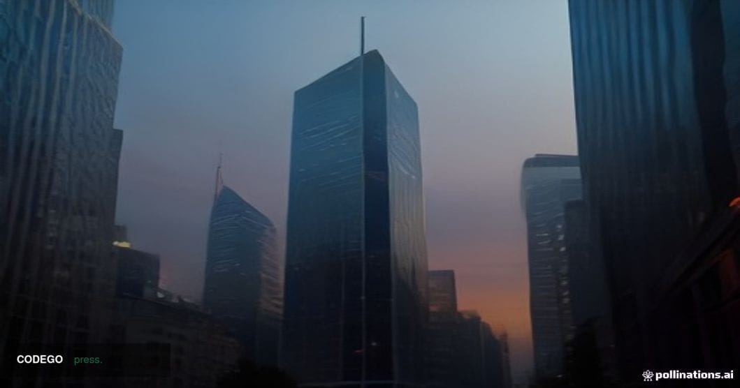 A wide-angle cinematic editorial photograph of a grand European financial district at dusk, shot from street level looking up