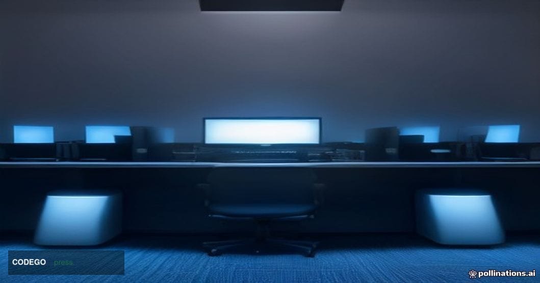 A cinematic editorial photograph set inside a sleek, modern bank operations center at dusk, with rows of curved monitor stati
