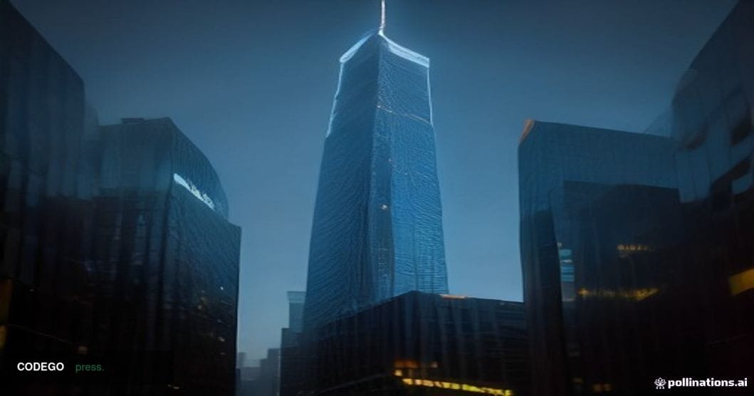 A cinematic editorial photograph of a sleek, modern financial district at dusk, dominated by reflective glass-and-steel tower